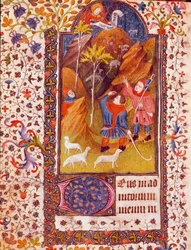 Oznámení pastýřům Miniatura z Knihy hodin Isabely Kastilské známé jako Isabella Iere Katolická (1451-1504) 15. století Sevilla, Biblioteca Colombina