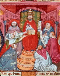 Antipapež Klement VII (Robert de Geneve) (1342-1394) vyhlašující své zákony“