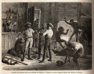 Příjezd horníků do hostince Caribou (Kanada), scény relaxace a shledání u skleničky. Rytina k ilustraci plavby z Atlantiku do Pacifiku (route du nord ouest par les terres) v letech 1862-1864 od vikomta Miltona a doktora Cheadle, i.