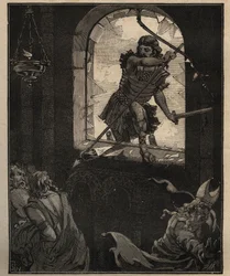 Umění skla: malovaná vitrážová okna. Theodorikovi vojáci rozbili vitráž, aby vstoupili do kostela Brioude (Haute Loire) v roce 521. Rytina z roku 1885 v „“Les arts et metiers illustres““ od Adolpha BITARDA.