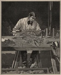 Umění soustruhu: faconing torzo sloupu. Rytina z roku 1885 v „“Les arts et metiers illustres““ od Adolphe BITARDA.
