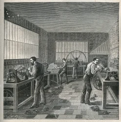 Umění soustruhu: kovovýroba v dílně soustružníka-odpuzovače. Rytina z roku 1885 v „“Les arts et metiers illustres““ od Adolphe BITARDA.