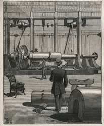 Umění prohlídky: střílet z ocelového monstrózního děla. Rytina z roku 1885 v „“Les arts et metiers illustres““ od Adolphe BITARDA.