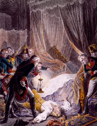 Vražda Pavla I. Petroviče (1754-1801), ruského cara, v jeho pokoji v Michajlovském paláci poté, co byl donucen podepsat abdikaci. Rytina kolem roku 1801. Soukromá sbírka