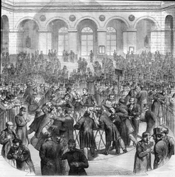 Košík devizových agentů, na pařížské burze v roce 1865. Rytina podle kresby M.G. Roux