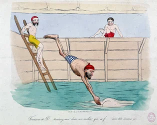 Lázně: karikatura veřejných lázní (bazénů) v Paříži - 19. století, Carnavalet.