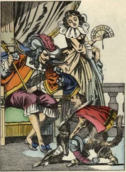 Botová kočka nabízí králíka králi od svého pána, markýze de Carabas. Ilustrace příběhu „The cat botte“ od Charlese Perraulta