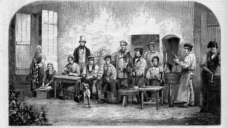 Stáčení šampaňského vína. Rytina z roku 1864.