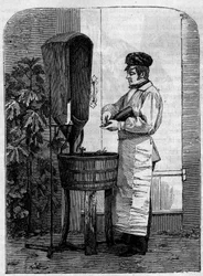 Stáčení šampaňského vína. Rytina z roku 1864.