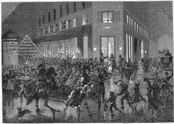 Bulvár Italů v Paříži a večer Bal v opeře. rytina z roku 1873