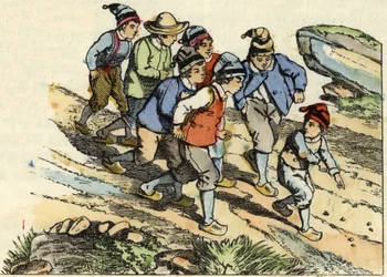 Bratři následují Malého Pouleta, který na cestu zasel bílé oblázky. Ilustrace příběhu „Le Petit Poucet““ od Charlese Perraulta
