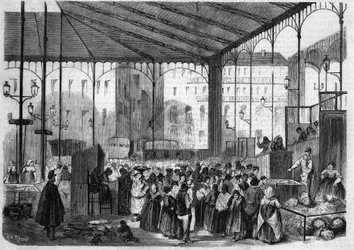 Centrální trh v Paříži: rybí trh v roce 1858.