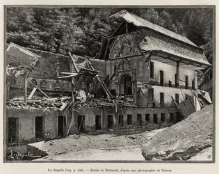 Kaple zničená přepadem Arve. Berteaultova rytina k ilustraci příběhu „La catastrophe de Saint Gervais les Bains““