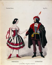 Postavy Maddaleny a Sparafucila ve III. dějství opery „Rigoletto“ od skladatele Giuseppe Verdiho (1813-1901)