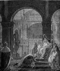 Konflikt mezi Fredericem Barberousse (Federico Barbarossa) a papežem Alexandrem III. (Alexander, AlessandroIII) (1105-1181). Ponížení císaře Barberose v Dóžecím paláci v Benátkách v roce 1177. Frederick Barbarossa Country Veřejná pocta papeži Alexanovi