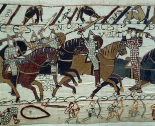 Dobytí Anglie armádou vévody z Normandie Viléma Dobyvatele (1027-1087): Vévodu Guillaume poznají jeho vojáci zvednutím přilby během bitvy u Hastingsu Detail tapiserie z Bayeux nebo výšivky královny Mathildy