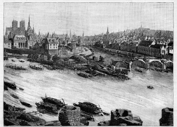Stavba mostu Pont Neuf v Paříži procházející náměstím du Vert-Galant na konci Ile de la Cite. První práce v roce 1578. Rytina v „“ Le Monde illustrious““