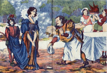 Kuchař odpovídá princezně, že připravuje Riquetovu svatební hostinu. Anonymní ilustrace k "" Riquet a la houppe ", příběhu Charlese Perraulta (1628-1703), francouzského spisovatele. Snímky Marcel Vagne, Jarville Nancy, nedatováno (konec 19. století).