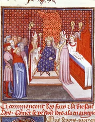 Korunovace svatého Ludvíka (1214-1270) v roce 1226. Miniatura z „Velkých francouzských kronik“ od Jeana Froissarta (1337-1400), 14. století. Chantilly, Musée Condé