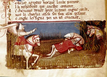 Smrt rytíře Rolanda, synovce Karla Velikého, během bitvy u Roncevaux, miniatura 778 převzatá z „“Entree of Spain””. Benátky 14. století, Biblioteca Marciana.