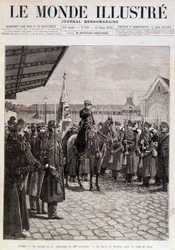 Odchod roty 200. pluku. Pozdrav vlajce na Gare de Lyon. ""Ilustrovaný svět"". 23/03/1895. Výkres.