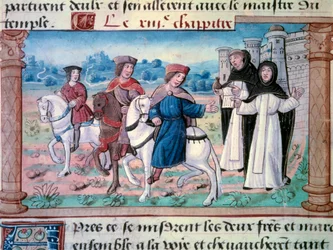 Odchody bratrů Nicola a Mattea Polových, otce a strýce mladého Marca Pola (1254-1324) s mladíkem kolem roku 1271. Miniatura převzata z „“The Book of Wonders“““ („“Devisement du monde“, „“ Il Milione”) od Marca Pola (1254-1324) 1298 Bibl