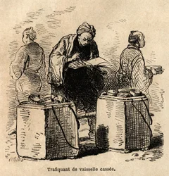 Prodejce špinavého nádobí. Rytina k ilustraci cesty do Japonska od Aime Humberta, ministra Švýcarské konfederace, v letech 1863-1864, publikovaná v „“ le tour du monde““, pod vedením Edouarda Chartona, Hachette, Paris 1869.Selva Collection.