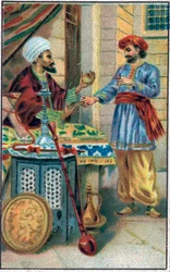 Začarované jablko. Historie prince Ahmeda a poplatek Paris-Banou (Pari Banou) (Paribanu). Pohádka 1001 nocí (pohádky tisíce a jedné noci). Chromolitografie konce 19. století.