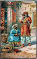 Okouzlující trubice. Historie prince Ahmeda a poplatek Paris-Banou (Pari Banou) (Paribanu). Pohádka 1001 nocí (pohádky tisíce a jedné noci). Chromolitografie konce 19. století.