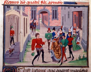 Zasnoubení Clarisse, dcery krále Yvona de Gascony a Renaud Miniature z rukopisu „Renaud de Montauban“ nebo „Les quatre fils Aymon“ od Loyseta Liedeta (aktivní mezi 1448 a 1478). Paní 5073. Bibliotheque de l
