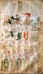 Vjezd Jindřicha VI. ze Svaté říše římské (1165-1197) do Říma a jeho korunovace císařem dne 14/04/1191 papežem Celestýnem III. Strana z „Liber ad honorem Augusti“ od Pietra da Eboli (Petr z Eboli) - (kodex 120, fol. 105), 13. století, Burgerbibli