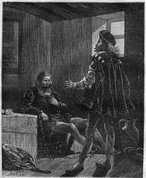Průzkumník a mořeplavec Kryštof Kolumbus (Christopher Columbus, Cristoforo Colombo, Cristobal Colon) (1451-1506) vracející se ze své třetí cesty je připoután v nákladovém prostoru
