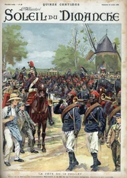 Slavnost 14. července: Velitel Marchand má hlavu senegalských jezdců. Rytina v „“Le sun-du-dimanche“, 23. července