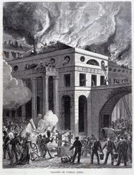 Požár Odeonu (1820) - rytina, konec 19. století