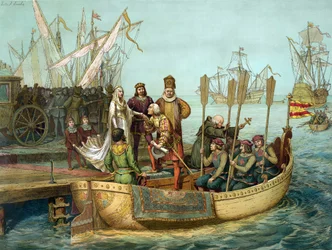 První cesta: Kryštof Kolumbus zdraví královnu Isabelu Kastilskou v přístavu Palos před odjezdem roku 1492. Rytina, 19. století