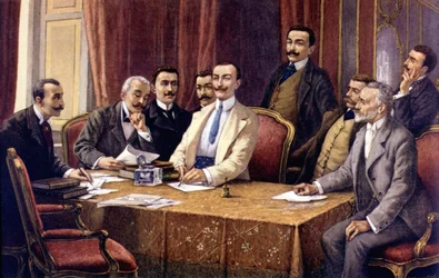 Zakladatelé Fiatu od L. Delleaniho (1840 - 1908). Zleva (sedící): hrabě Bisometti, právník Racca, hrabě Bricherasso, Ceriana, Giovanni Agnelli, právník Scarfiotti, Ferrero a (stojící) Luigi Damevino a právník Goria Gatti. Sd. konec 19. století