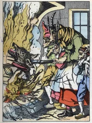 Koza zabije vlka v komíně. Ilustrace příběhu „Compere le Loup, Maitre Renard, Comere la Chevre et ses petits biquets““ podle bajky Jean de la Fontaine. V „“ Pohádky z domova pro nejmenší““. Anonymní rytina z 19