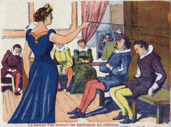 Dobrý honorář spí obyvatele hradu. Anonymní ilustrace k „La belle au bois dormant“, příběh Charlese Perraulta (1628-1703), francouzského spisovatele. Snímky Marcel Vagne, Jarville Nancy, nedatováno (konec 19. století).