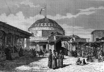 Velký bazar Samarkand (Samarqand nebo Samarkand) v Uzbekistánu v 19. století. Rytina v „“ le journal de la Jeunesse „“ z roku 1888.