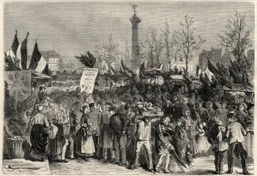 Veletrh šunky, Boulevard Bourdon ve 4. pařížském obvodu poblíž Place de la Bastille. Cedule inzeruje maso parmice (Hyperfagie). Rytina do „The Universe Ilustrious“
