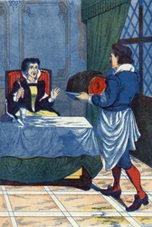 Hotelový mistr podává zlobrovi dítě. Ilustrace k „La belle au bois dormant“, příběh Charlese Perraulta (1628-1703), francouzského spisovatele. Ilustrace anonymní. Snímky Marcel Vagne, Jarville Nancy, nedatováno (konec 19. století).