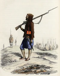 Pěchota Emira Abd-el-Kadera vzdorující francouzské armádě během expedice do Alžíru v roce 1830. V „“L