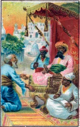 Král a Indián. Příběh „Příběh o začarovaném koni““ v „Tisíc a jedna noc“ (1001 nocí nebo Le mille e una notte, Arabské noci). Chromolitografie konce 19. století.