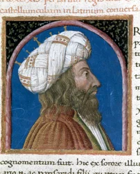 Perský král Artaxerxes III Ochos (zemřel 338 př. n. l.) Miniatura převzatá z „“ Paralely slavných mužů“““ z Plutarcha (46-125 n. l.) (MS XV. 1) 15. století. Cesena, Biblioteca Malatestiana