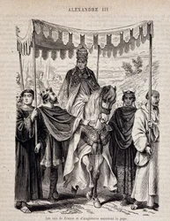 Francouzští králové Ludvík VII. Mladý (1120 - 1180) a Anglie doprovázejí papeže Alexandra III. - v „Histoire des Popes“, n.d.
