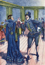 Králův syn nutí Popelku tančit. Ilustrace pro „“ Popelku“, příběh Charlese Perraulta (1628-1703), francouzského spisovatele. Snímky Marcel Vagne, Jarville Nancy, nedatováno (konec 19. století).