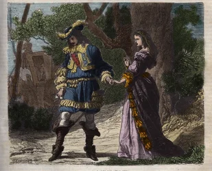 Poslední rozhovor Marie Mancini (1639-1715) s Ludvíkem XIV. (1638-1715) před jeho odjezdem ze dvora do Brouage dne 22. června 1659, exilu organizovaného kardinálem Mazarinem, aby ho držel dál od krále. "Vikomt z Podprsenky."
