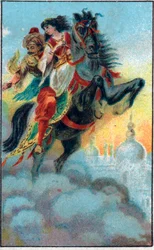Únik. Příběh „Příběh o začarovaném koni“““ v „“Tisíc a jedna noc“““ (1001 nocí nebo Le mille e una notte, Arabské noci). Chromolitografie konce 19. století.