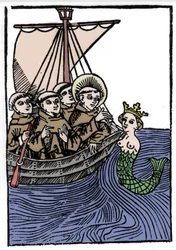 Legenda o svatém Brendanovi (Brandanovi), hrdinech a irském světci z 6. století. Setkání Saint Brendana se Sirene. Rytina „“ Die Wunderbare Meerfahrt des Hl. Brandan." Žok