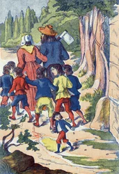 Malý kocour rozsévá kameny do cesty. Ilustrace k „“Le Pepetit poucet“, příběh Charlese Perraulta (1628-1703), francouzského spisovatele. Anonymní ilustrace. Snímky Marcel Vagne, Jarville Nancy, nedatováno (konec 19. století).